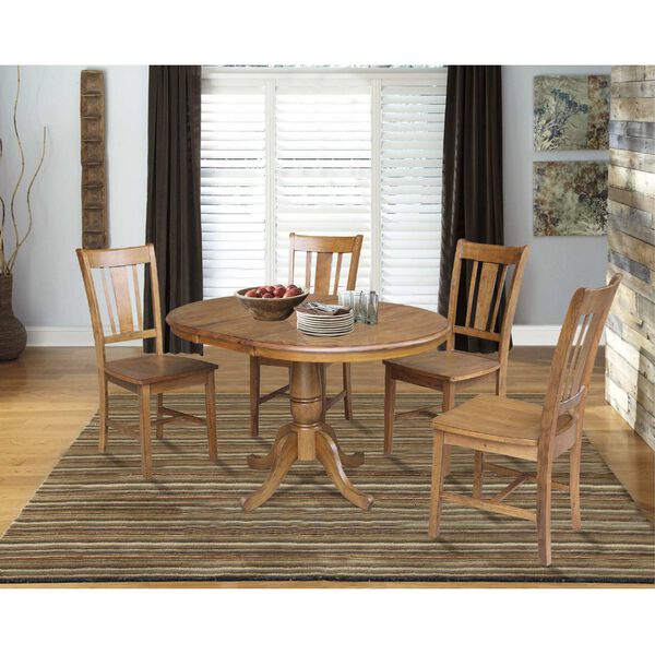 Pecan Round Dining Table with 12-Inch Leaf and Chairs, 5-Piece, image 2