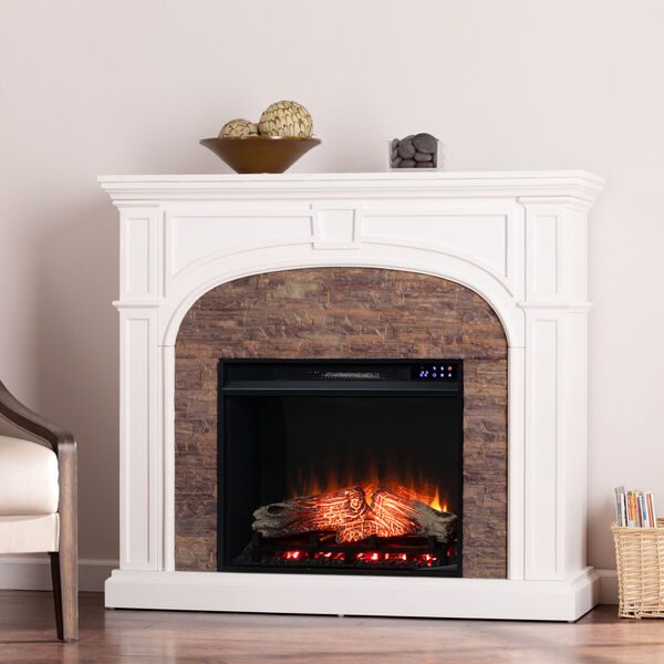 Tanaya White Electric Fireplace with Faux Stone, image 1