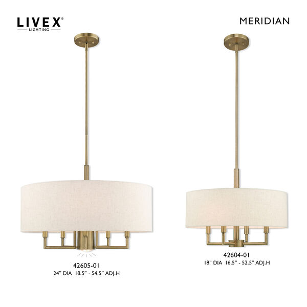 Meridian Antique Brass 18-Inch Four-Light Pendant Chandelier with Hand Crafted Oatmeal Hardback Shade, image 5