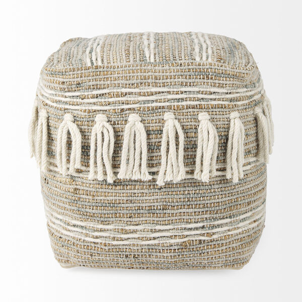 Avni Cream and Brown Hemp and Wool Fringed Pouf, image 2