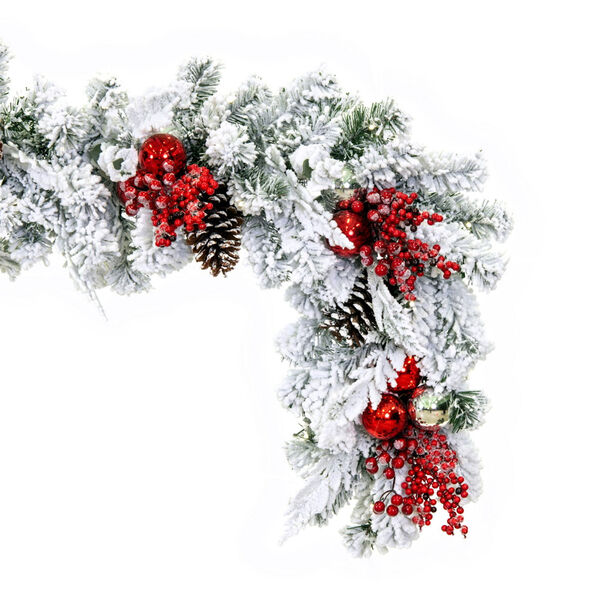 Red 6 Ft. x 16 In. Flocked Artificial Christmas Garland with Battery Operated Pure White LED Lights, image 2