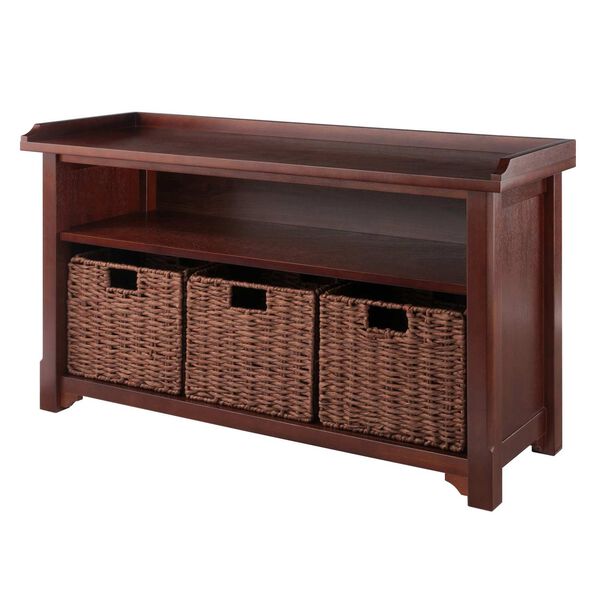 Milan Walnut Storage Bench with Three Foldable Woven Baskets, image 1