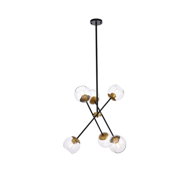 Axl Black and Brass Six-Light Pendant with Clear Shade, image 1