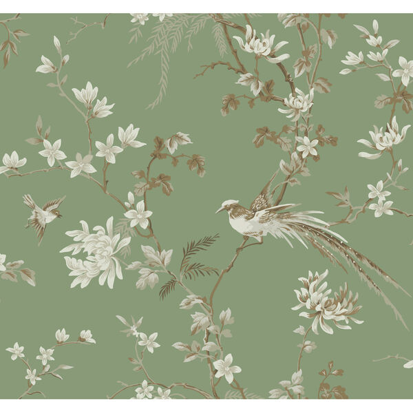 Ronald Redding 24 Karat Green Bird And Blossom Chinoserie Wallpaper, image 2