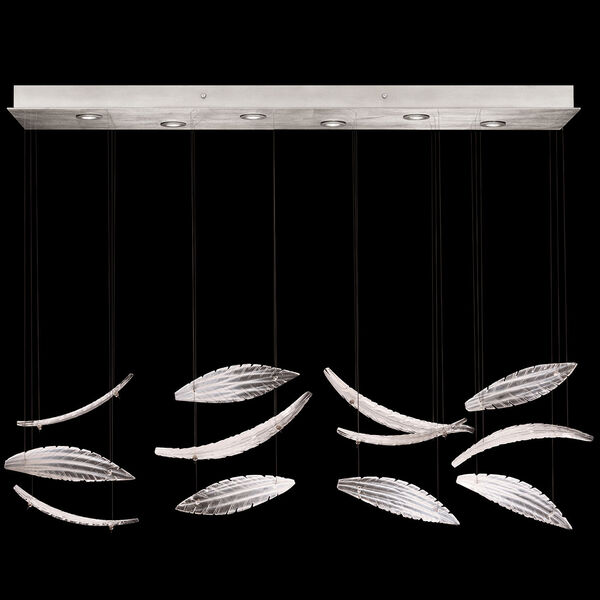 Elevate Silver Six-Light Rectangular LED Pendant with 12 Handblown White Glass Plumes, image 1