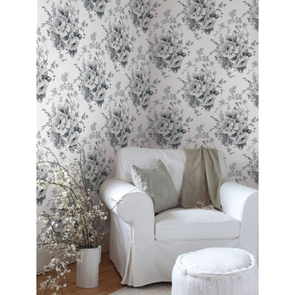 Simply Farmhouse White and Gray Heritage Rose Wallpaper, image 1