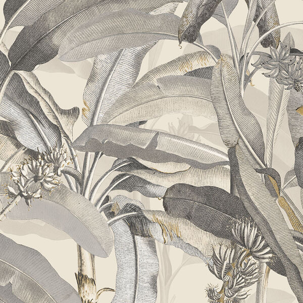 Beige and Black Polynesian Leaves Wallpaper - SAMPLE SWATCH ONLY, image 1