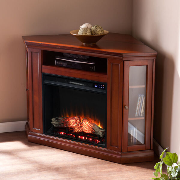 Claremont Brown mahogany Corner Electric Fireplace with Storage, image 1
