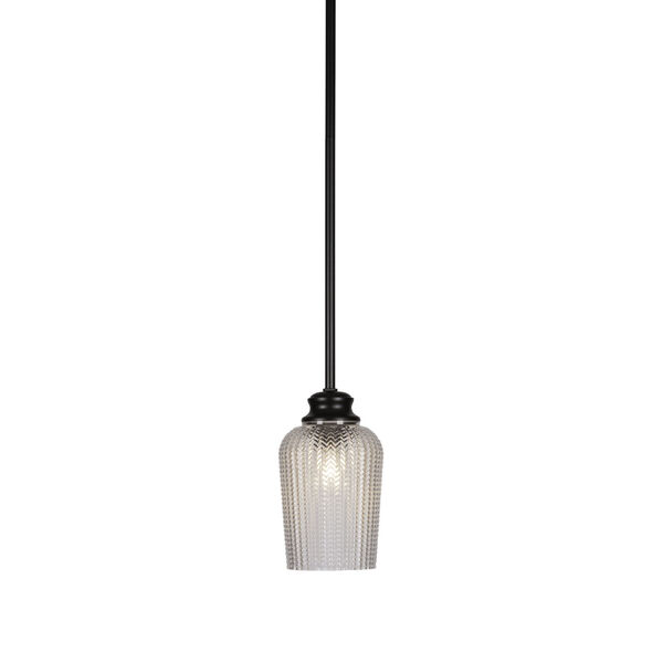 Cordova Matte Black One-Light 9-Inch Stem Hung Mini Pendant with Clear Textured Glass, image 1