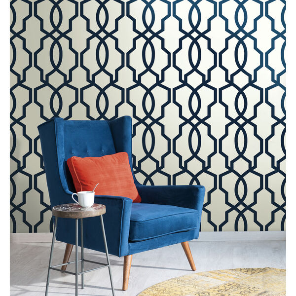 Ashford Geometrics Navy Blue and White Hourglass Trellis Wallpaper, image 3
