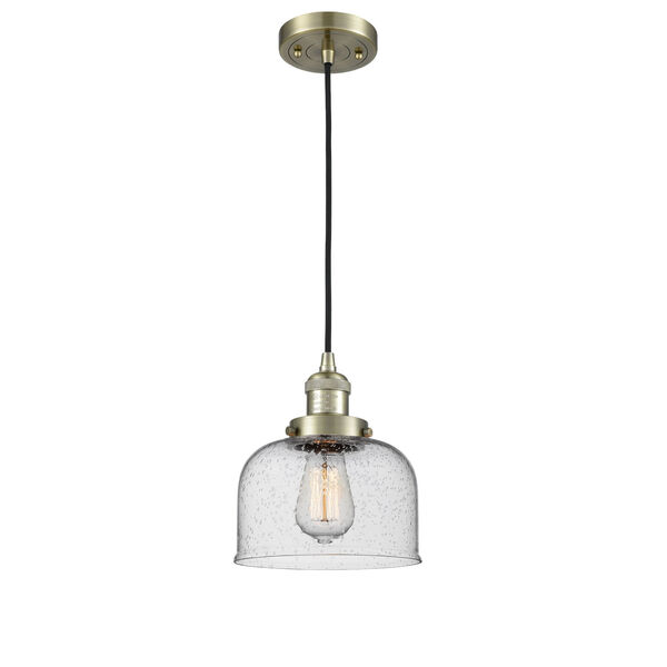Large Bell Antique Brass LED Mini Pendant with Seedy Glass, image 1