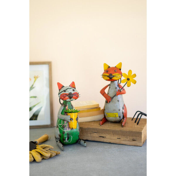 Multicolor Recycled Iron Cats with Flower Pot, Set of Two, image 2