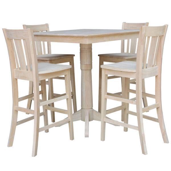 Wood 36-Inch Square Top Pedestal Table with Four Bar Height Stool, Set of Five, image 1
