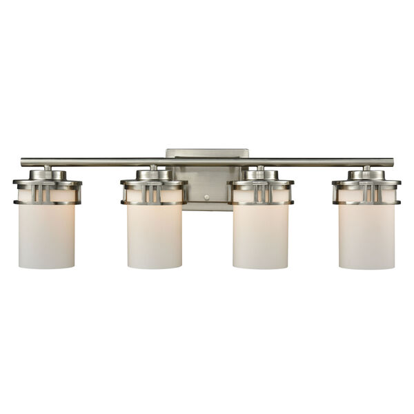 Ravendale Brushed Nickel Four-Light Bath Vanity with White Glass Shade, image 1