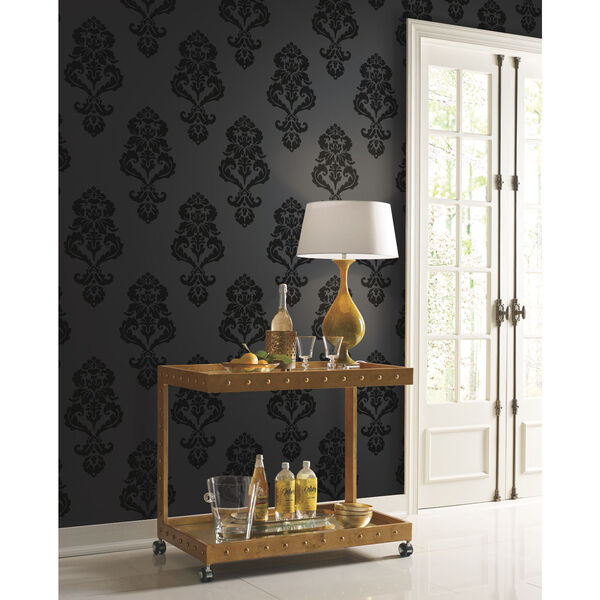 Black 27 In. x 27 Ft. Graphic Damask Wallpaper, image 1