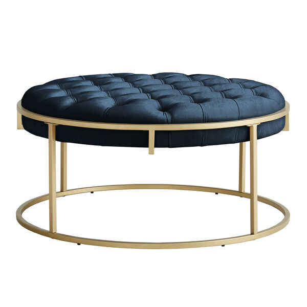 Minnie Blue and Gold Finish Velvet Button Tufted Round Ottoman, image 2