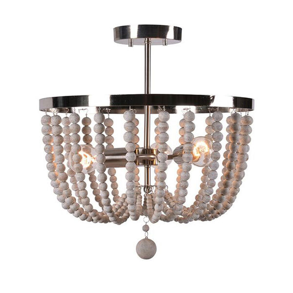 Grace Brushed Steel Three-Light Semi Flush Mount with Distressed White Wood Beads, image 1