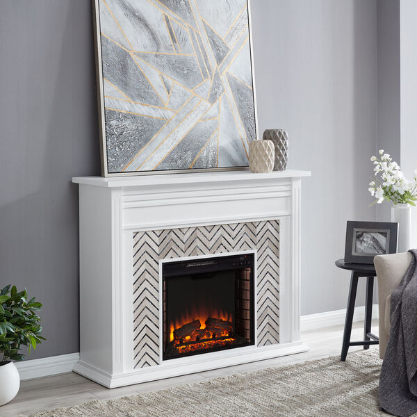 Hebbington White and gray Tiled Marble Electric Fireplace, image 4
