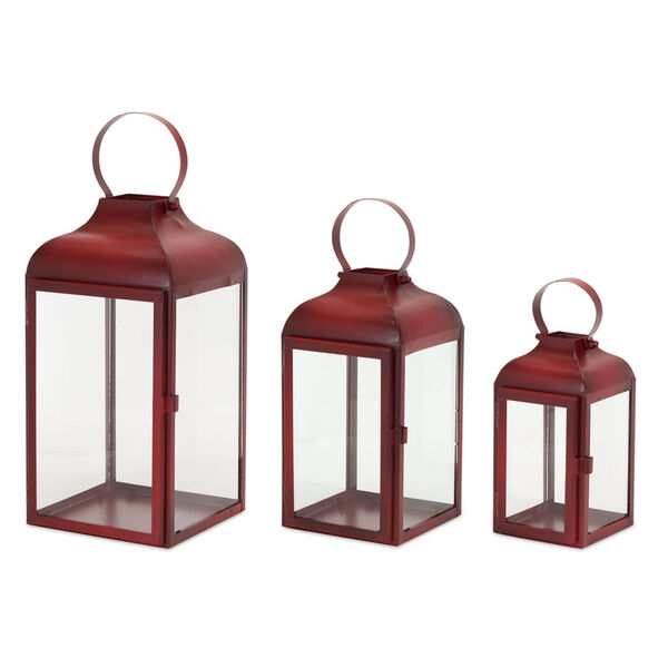 Red Iron Glass Lantern , Set of Three, image 1