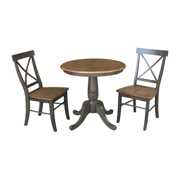 Hickory and Washed Coal 30-Inch Round Top Pedestal Table With Two X-Back Chairs, Three-Piece, image 1