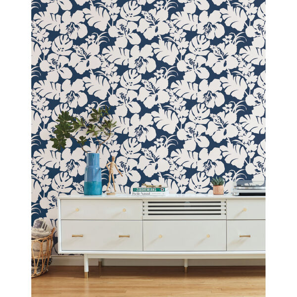 Waters Edge Navy Hibiscus Arboretum Pre Pasted Wallpaper - SAMPLE SWATCH ONLY, image 1