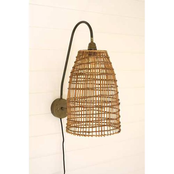 Rattan Wood Wicker Dome Wall Sconce Lamp, image 1