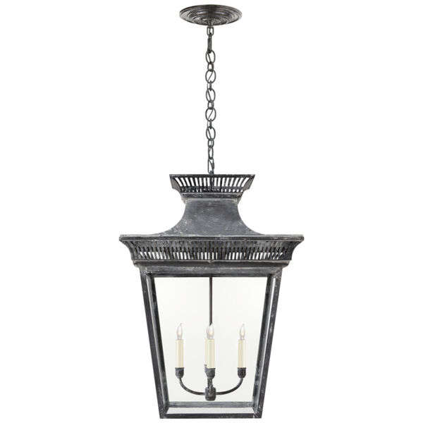 Elsinore Extra-Large Hanging Lantern in Weathered Zinc with Clear Glass by Chapman and Myers, image 1