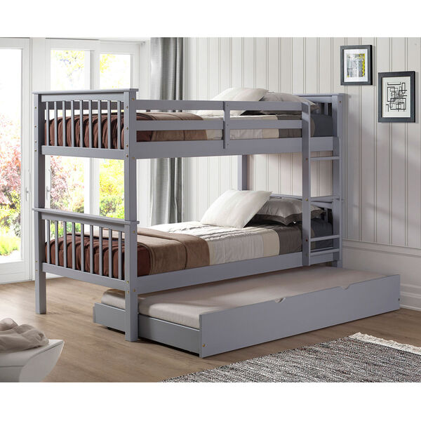 Solid Wood Twin Bunk Bed with Trundle Bed - Grey, image 1