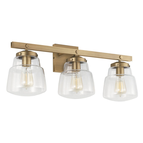 Dillon Aged Brass Three-Light Bath Vanity with Clear Glass Shades, image 1