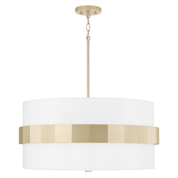 Sutton Soft Gold Four-Light Drum Pendant with White Fabric Shade and Frosted Glass Diffuser, image 1