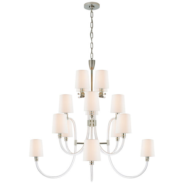 Clarice Large Chandelier in Clear Acrylic and Polished Nickel with Linen Shades by Julie Neill, image 1