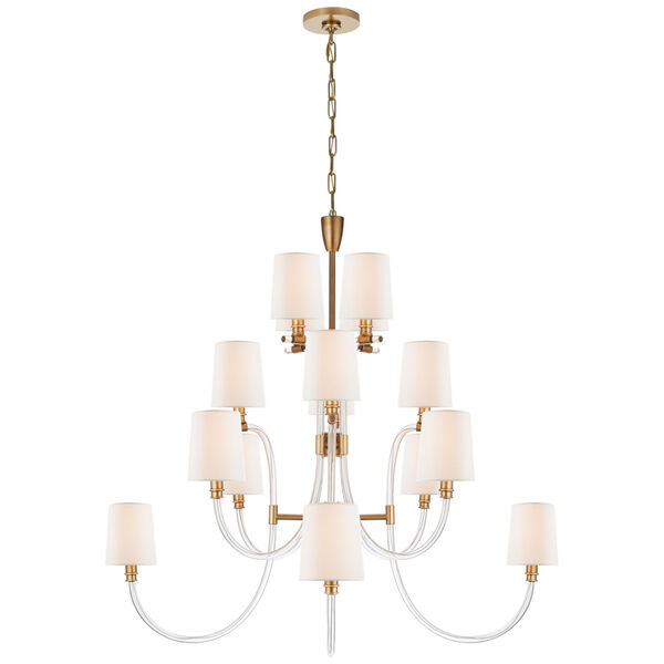 Clarice Large Chandelier in Clear Acrylic and Antique-Burnished Brass with Linen Shades by Julie Neill, image 1