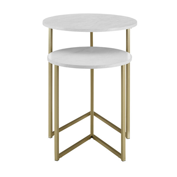 White Faux and Gold 20-Inch Two-Piece V-Leg Nesting Side Tables, image 4