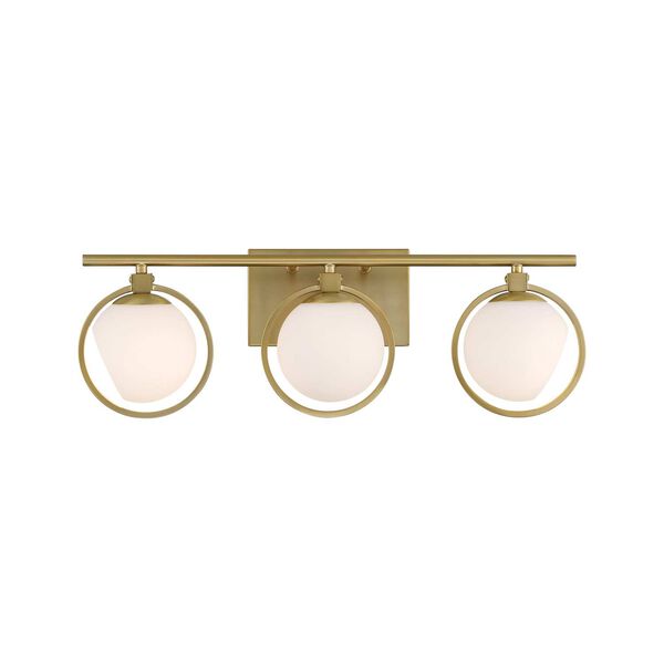 Teatro Brushed Gold Three-Light Bath Vanity with Etched Opal Glass Shades, image 1