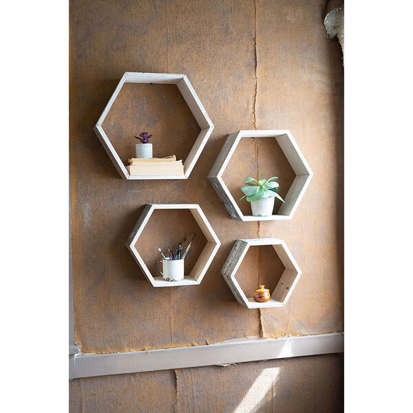 White Recycled Wooden Hexagon Wall Shelves, Set of 4, image 2