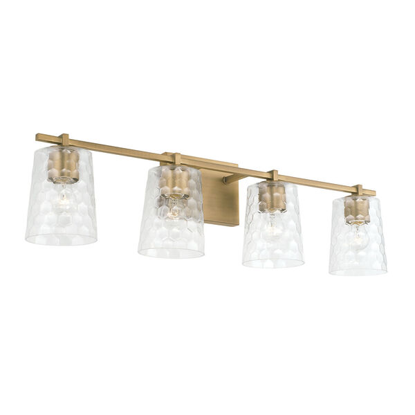Burke Aged Brass Four-Light Bath Vanity with Clear Honeycomb Glass Shades, image 1