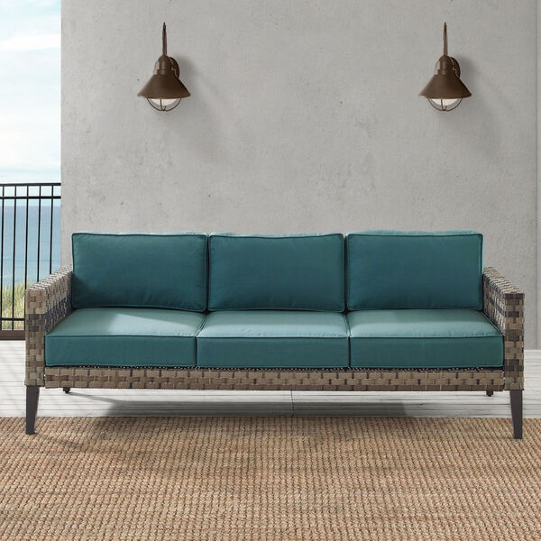 Prescott Mineral Blue and Brown Outdoor Wicker Sofa, image 1