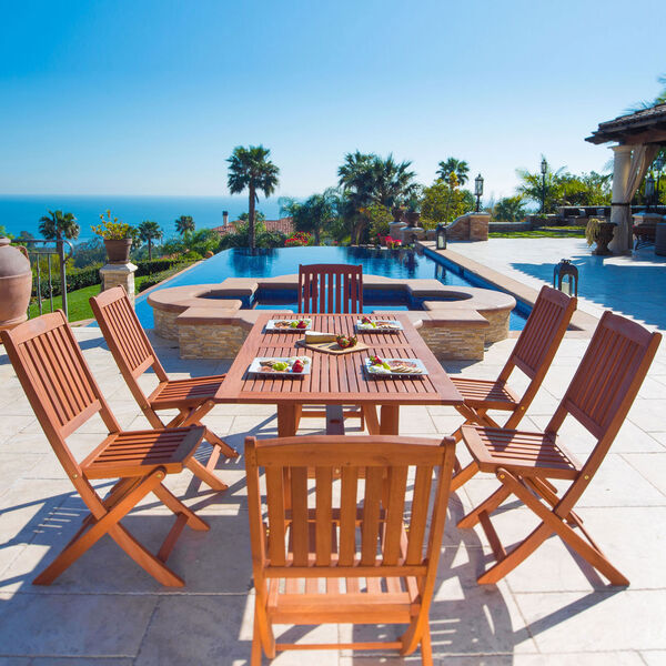 Malibu Outdoor 7-piece Wood Patio Dining Set with Curvy Leg Table and Folding Chairs, image 3