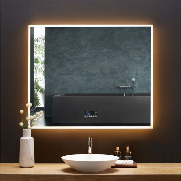Immersion White 48 x 40 Inch LED Frameless Mirror with Bluetooth Defogger and Digital Display, image 2