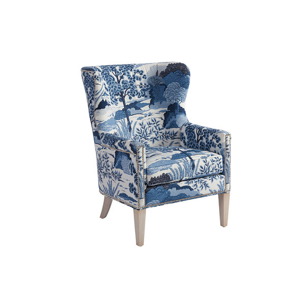 Upholstery Blue and White Avery Wing Chair, image 1
