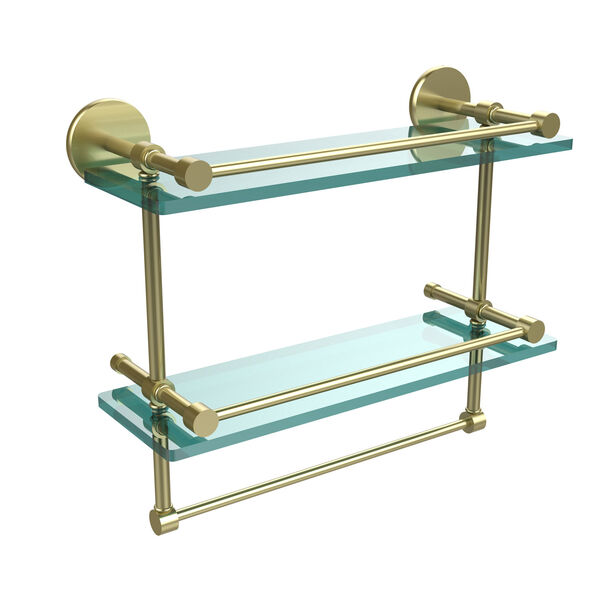 16 Inch Gallery Double Glass Shelf with Towel Bar, Satin Brass, image 1