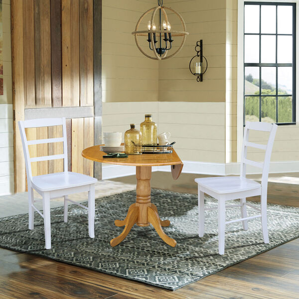 Oak and White 42-Inch Dual Drop Leaf Dining Table with Two Ladder Back Dining Chair, Three-Piece, image 4