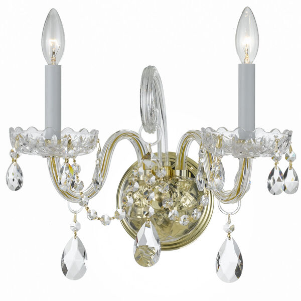 Traditional Polished Brass Two Light Wall Sconce with Hand Cut Crystal Crystal, image 1