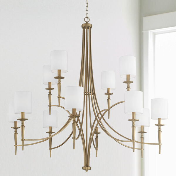 Abbie Aged Brass 12-Light Chandelier with White Fabric Stay Straight Shades, image 2