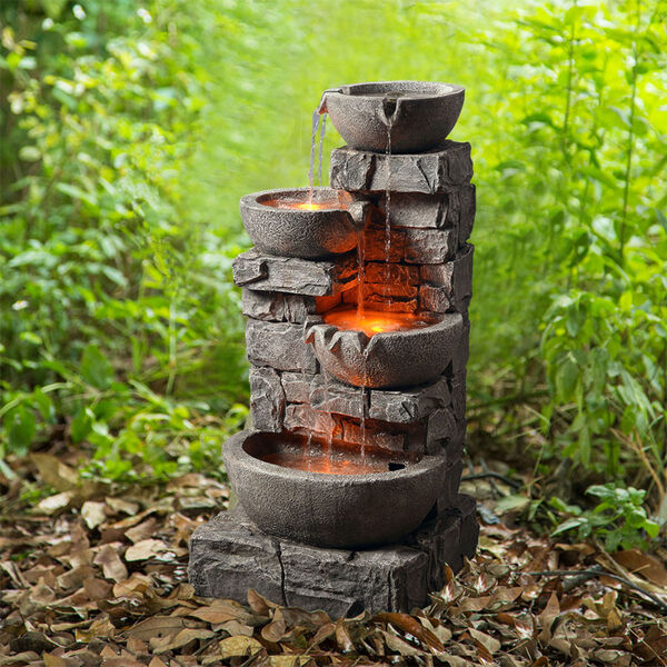 Stone Grey Outdoor Stacked Stone Tiered Bowls Fountain with LED Light, image 4