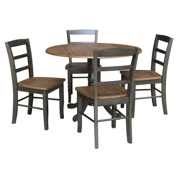Hickory and Washed Coal 42-Inch Dual Drop Leaf Pedestal Dining Table with Four Ladderback Chair, Five-Piece, image 2