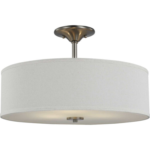 Inspire Brushed Nickel 18-Inch Three-Light Semi-Flush Mount with Off White Linen Shade, image 4