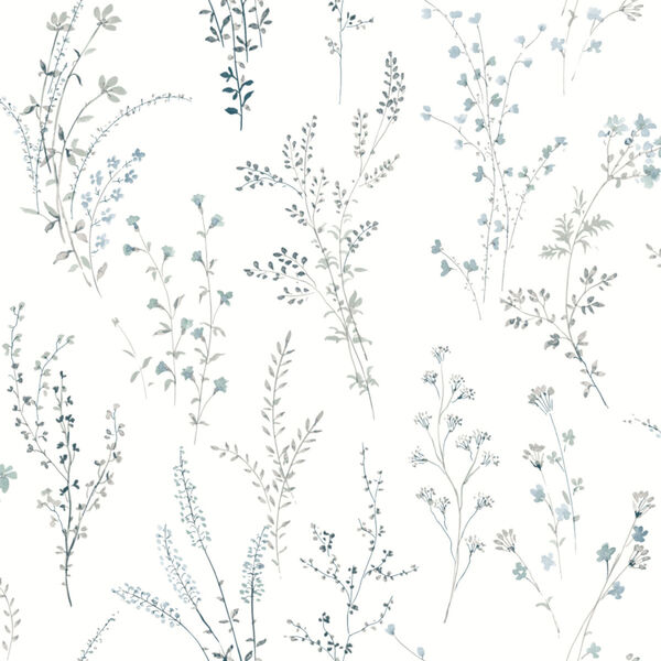 Simply Farmhouse Blue and Green Wildflower Sprigs Wallpaper, image 2