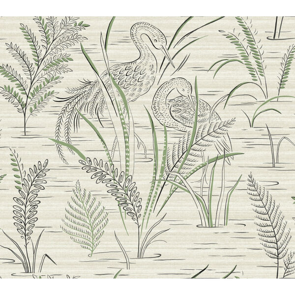 Grandmillennial Black Green Fernwater Cranes Pre Pasted Wallpaper - SAMPLE SWATCH ONLY, image 2