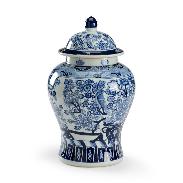 Blue and White Floral Covered Urn, image 1